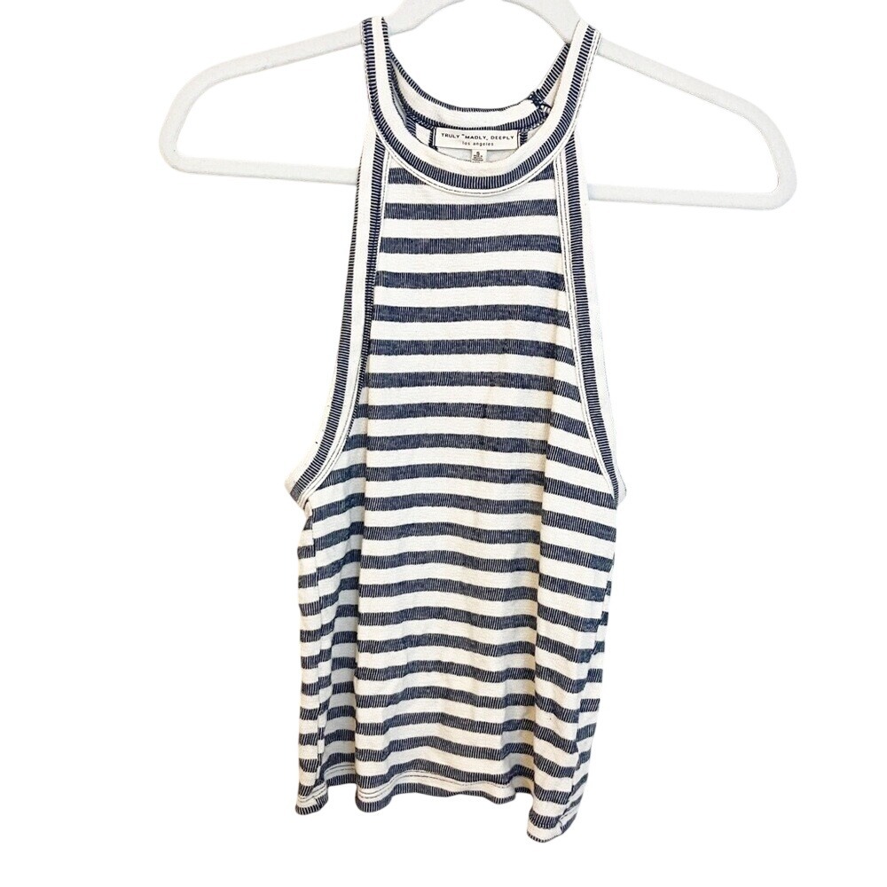 Truly Madly Deeply Womens Small Striped High Neck Halter Tank Top Navy White